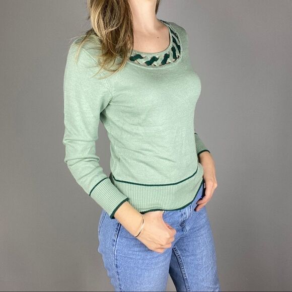 Wool Blend Soft Green Long Sleeve Knit Sweater with Neck Detail. Small. - Picture 5 of 11